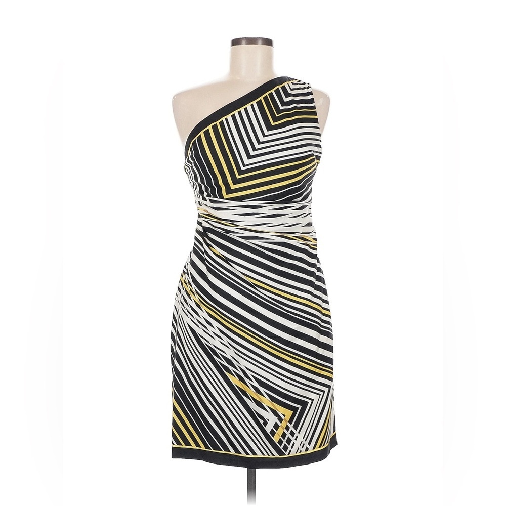 One-Shoulder Striped Sheath Dress Asymmetric Ruched Cocktail Evening Luxe Size 8
